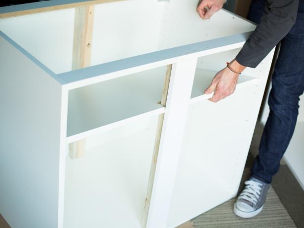 slide notched shelf into rta cabinet diy - Making Loft & Bunk Bed Storage with RTA Cabinets Part 2